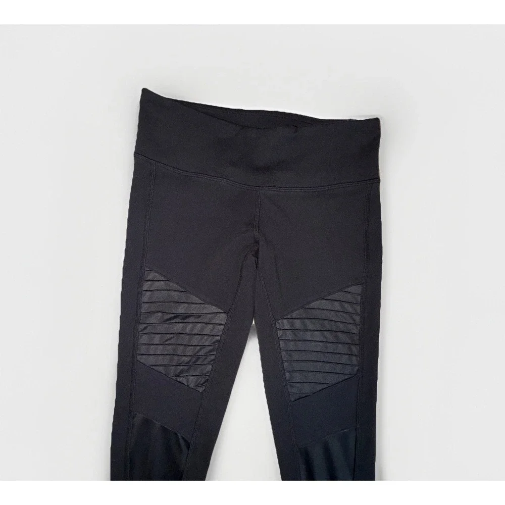 Alo Yoga Moto Leggings Women's XS Black High Waist Pintuck Mesh Panel Spandex